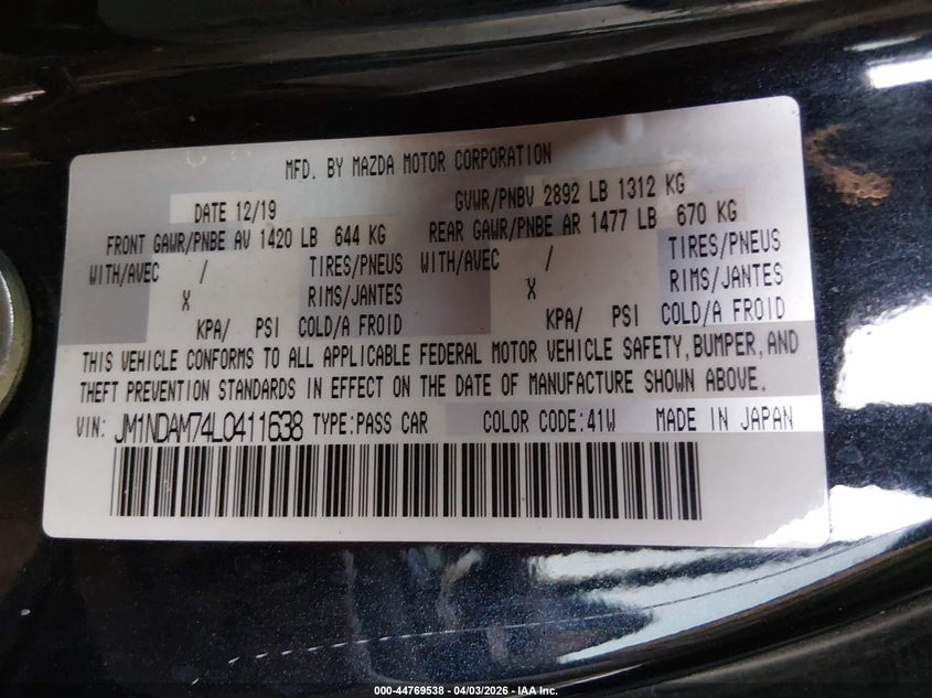 2020 Mazda Mx-5 Miata Rf Grand Touring VIN: JM1NDAM74L0411638 Lot: 44769538