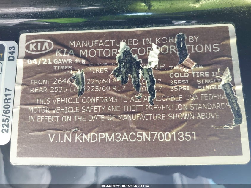 VIN KNDPM3AC5N7001351 2022 KIA SPORTAGE LX