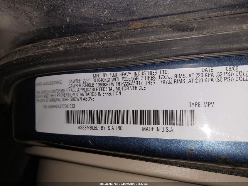 2007 Subaru Outback 2.5I Limited VIN: 4S4BP62C877301353 Lot: 44769748