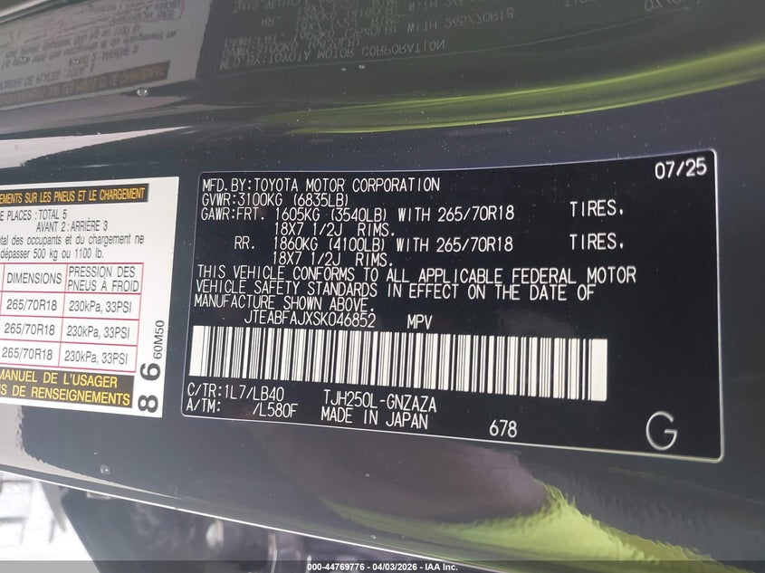 2025 Toyota Land Cruiser VIN: JTEABFAJXSK046852 Lot: 44769776