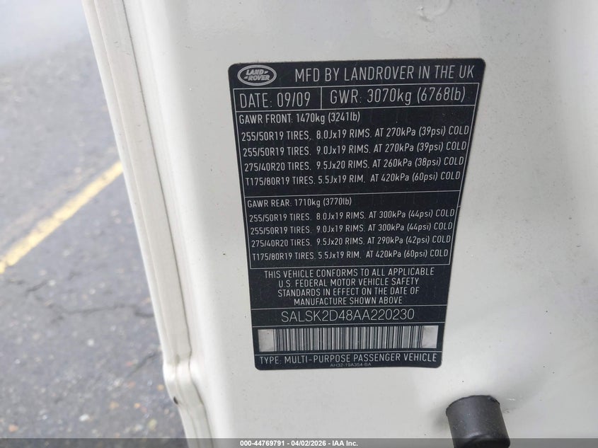 2010 Land Rover Range Rover Sport Hse VIN: SALSK2D48AA220230 Lot: 44769791