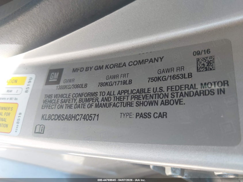 2017 Chevrolet Spark 1Lt Cvt VIN: KL8CD6SA8HC740571 Lot: 44769845