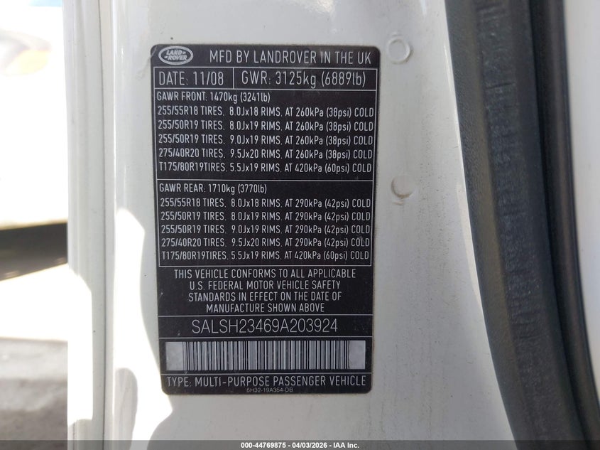 2009 Land Rover Range Rover Sport Supercharged VIN: SALSH23469A203924 Lot: 44769875