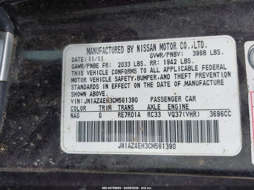 2012 Nissan 370Z VIN: JN1AZ4EH3CM561390 Lot: 44769889