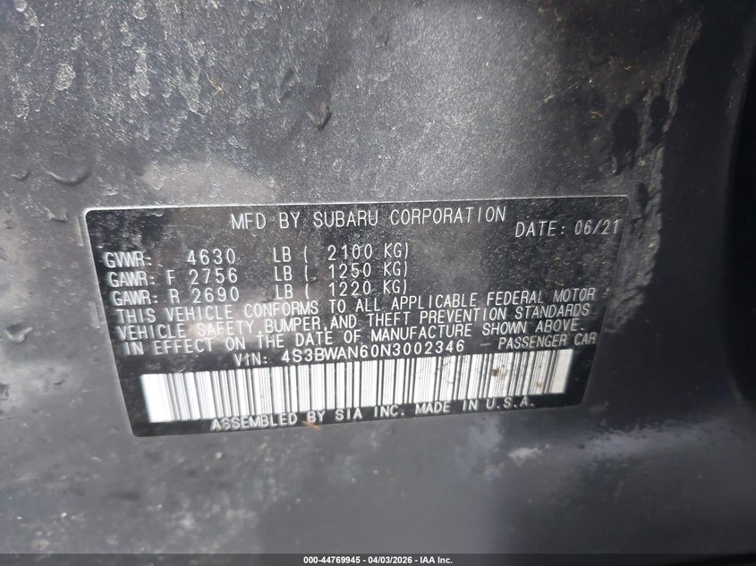 2022 Subaru Legacy Limited VIN: 4S3BWAN60N3002346 Lot: 44769945