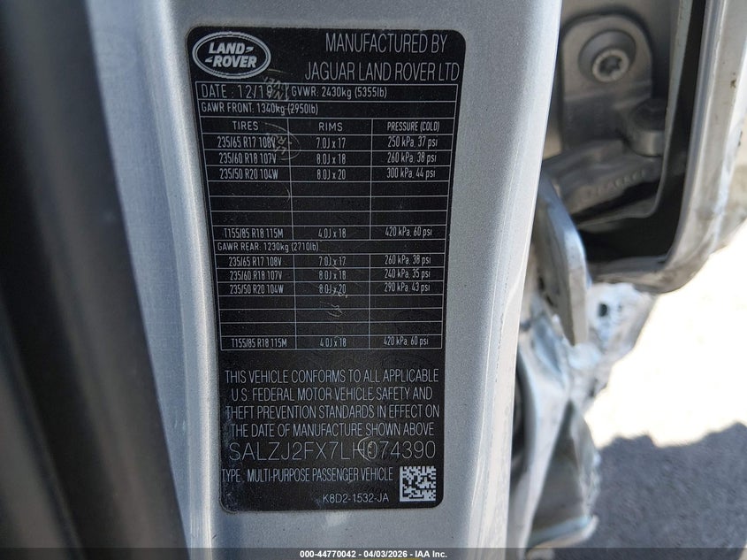 2020 Land Rover Range Rover Evoque S VIN: SALZJ2FX7LH074390 Lot: 44770042