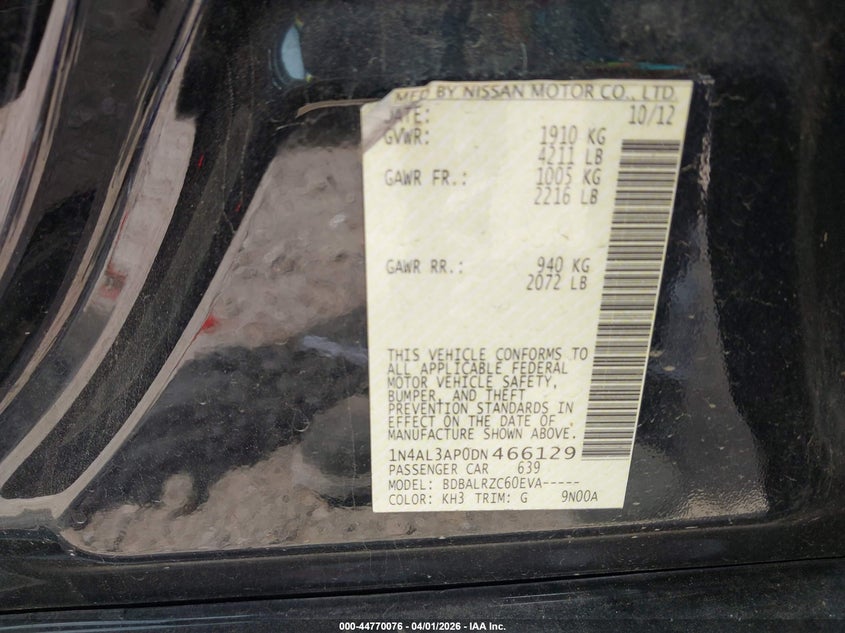 2013 Nissan Altima 2.5 S VIN: 1N4AL3AP0DN466129 Lot: 44770076