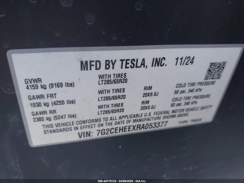 2024 Tesla Cybertruck Cyberbeast VIN: 7G2CEHEEXRA053377 Lot: 44770132