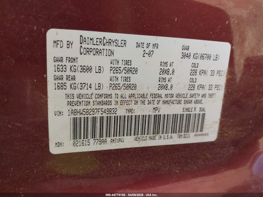 2007 Chrysler Aspen Limited VIN: 1A8HW58297F549832 Lot: 44770158