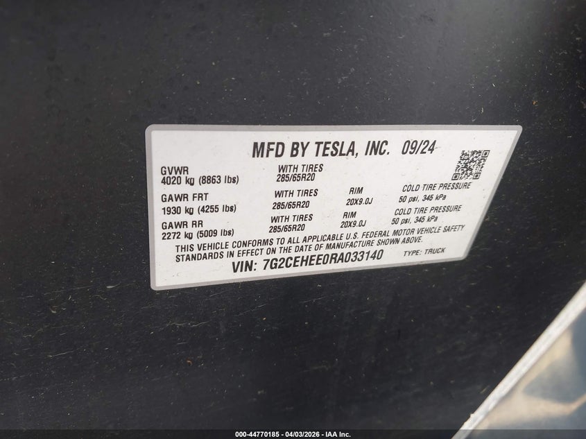 2024 Tesla Cybertruck Cyberbeast VIN: 7G2CEHEE0RA033140 Lot: 44770185