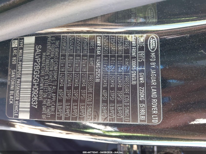 2016 Land Rover Range Rover Evoque Se/Se Premium VIN: SALVP2BG5GH092637 Lot: 44770341