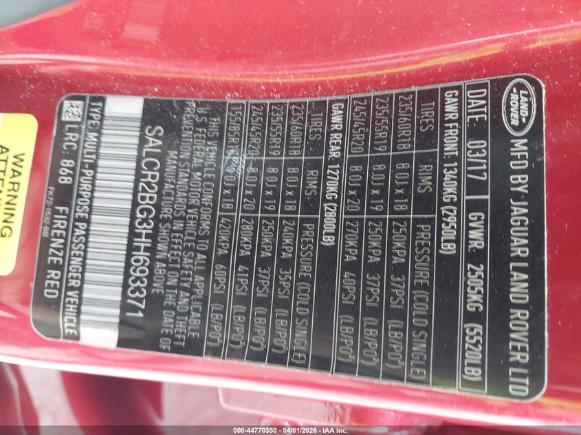 2017 Land Rover Discovery Sport Hse VIN: SALCR2BG3HH693371 Lot: 44770350