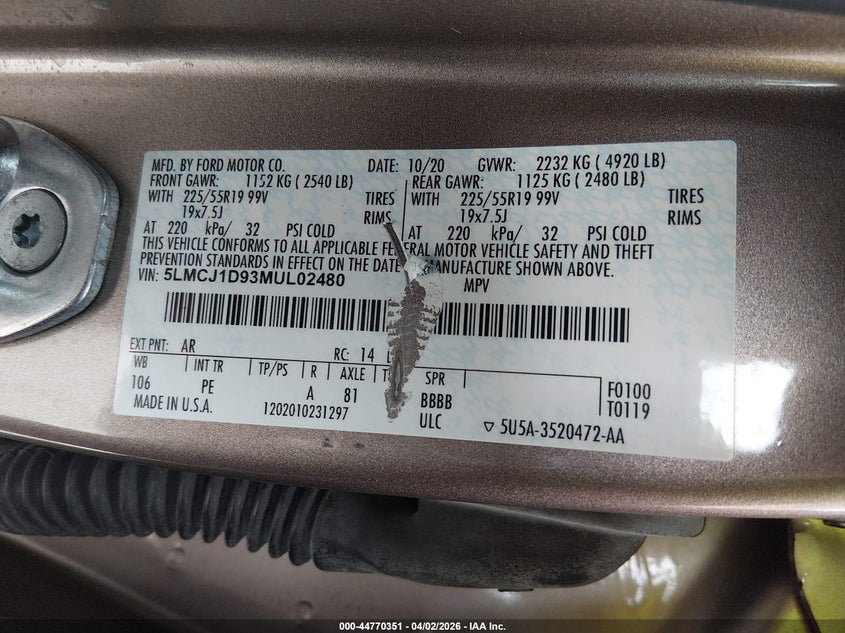2021 Lincoln Corsair Standard VIN: 5LMCJ1D93MUL02480 Lot: 44770351