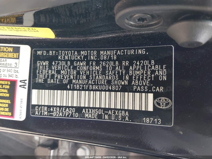 2019 Toyota Avalon Hybrid Xle VIN: 4T1B21FB8KU004807 Lot: 44770499