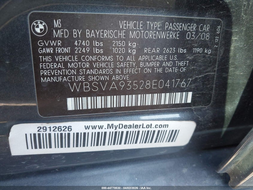2008 BMW M3 VIN: WBSVA93528E041767 Lot: 44770530