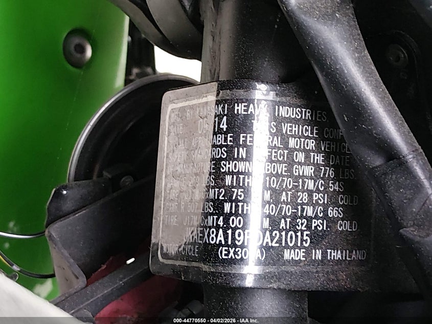 2015 Kawasaki Ex300 A VIN: JKAEX8A19FDA21015 Lot: 44770550