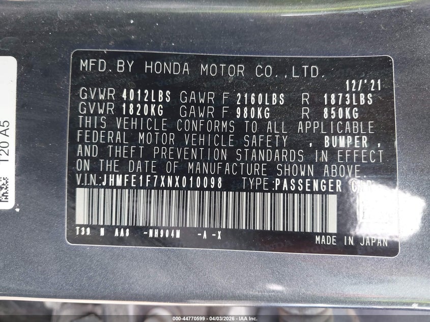 HONDA CIVIC 2022 VIN JHMFE1F7XNX010098
