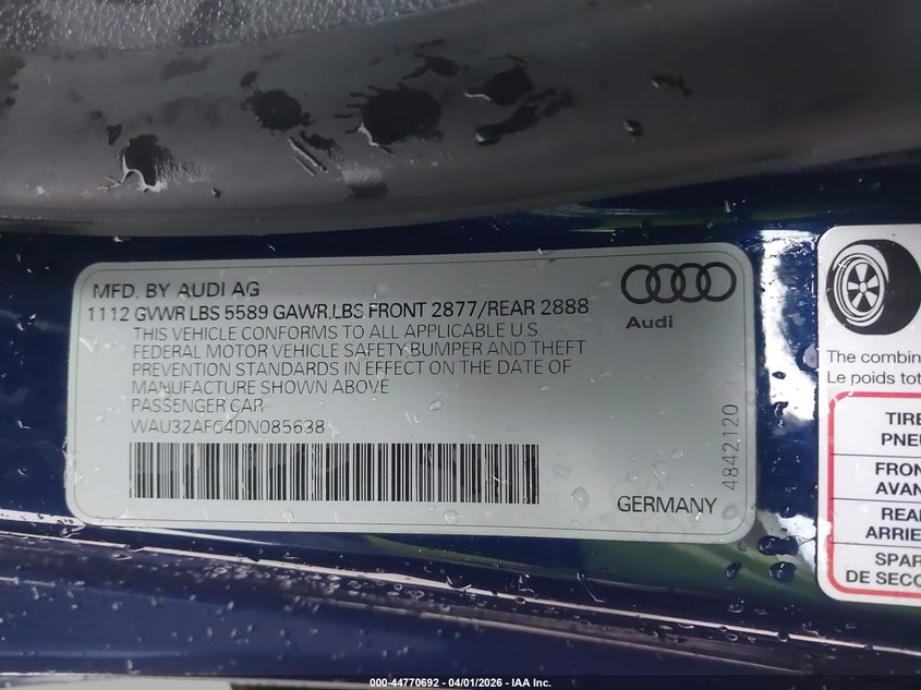 2013 Audi S7 4.0T Prestige VIN: WAU32AFC4DN085638 Lot: 44770692