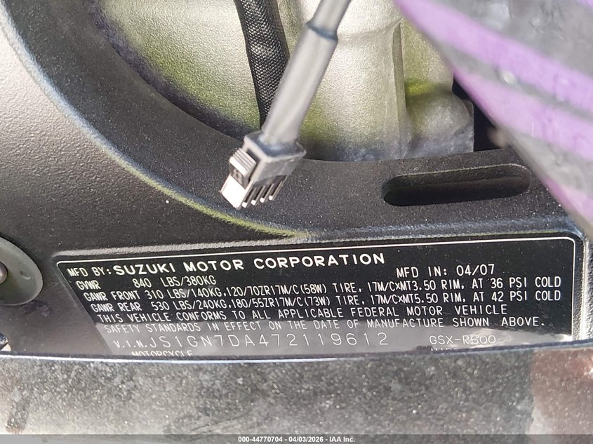 2007 Suzuki Gsx-R600 VIN: JS1GN7DA472119612 Lot: 44770704