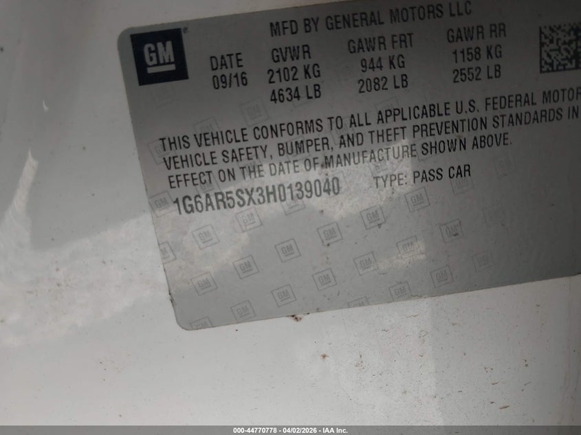 2017 Cadillac Cts Luxury VIN: 1G6AR5SX3H0139040 Lot: 44770778