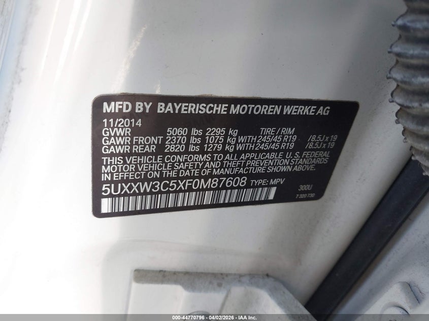 2015 BMW X4 xDrive28I VIN: 5UXXW3C5XF0M87608 Lot: 44770796