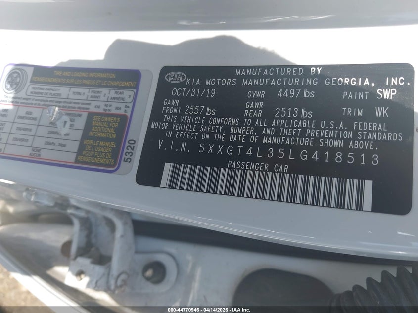 2020 Kia Optima S VIN: 5XXGT4L35LG418513 Lot: 44770946