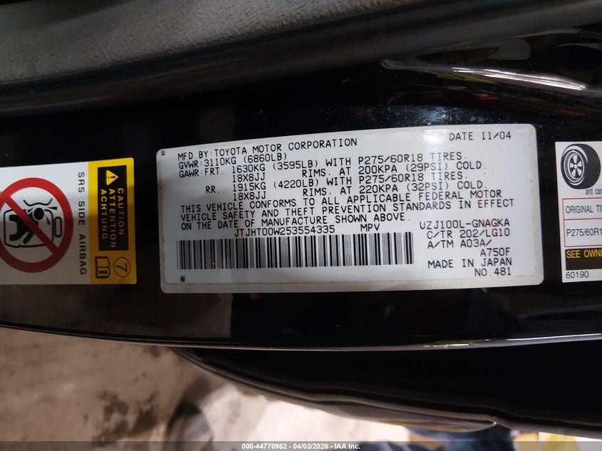 2005 Lexus Lx 470 VIN: JTJHT00W253554335 Lot: 44770962