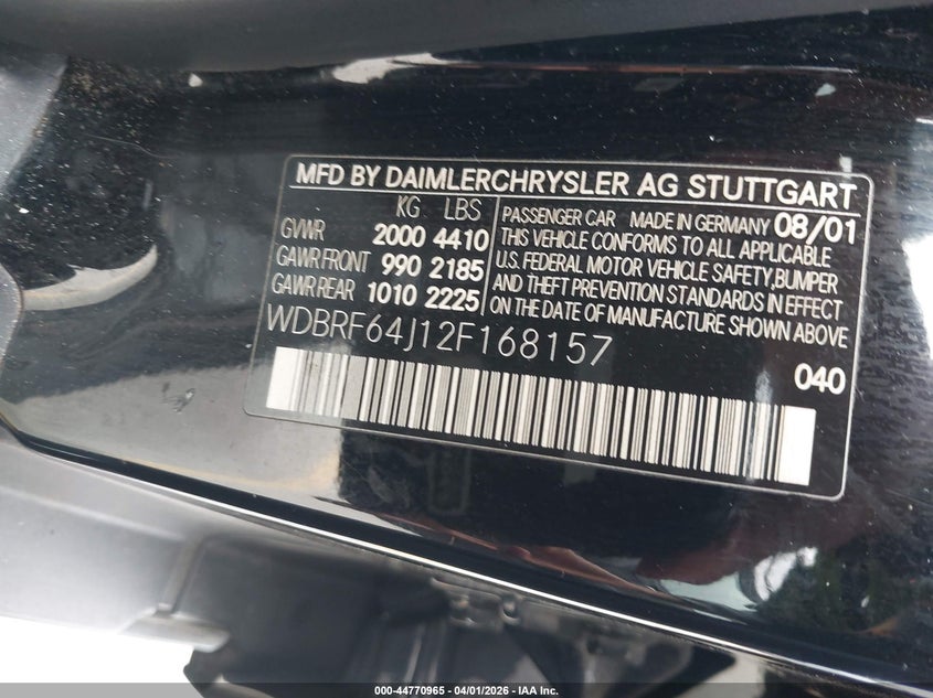 2002 Mercedes-Benz C 320 VIN: WDBRF64J12F168157 Lot: 44770965