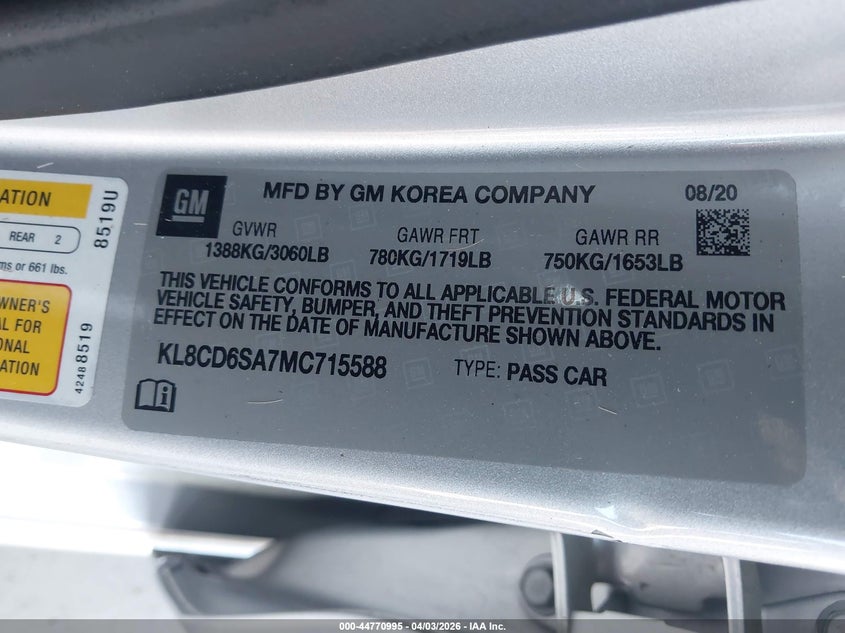 2021 Chevrolet Spark Fwd 1Lt Automatic VIN: KL8CD6SA7MC715588 Lot: 44770995