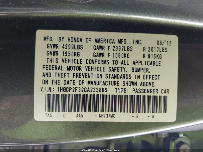 2012 Honda Accord 2.4 2.4 Lx grey Lot 111044771010 Vin 1HGCP2F32CA233805