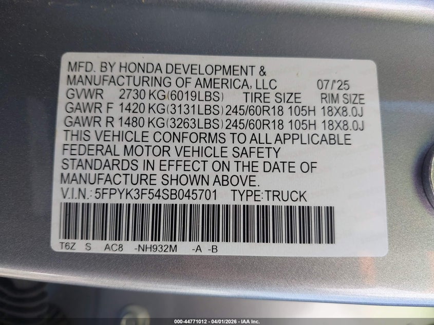 2025 HONDA RIDGELINE TRUCK 3.5L V-6 DI, VVT, 280HP