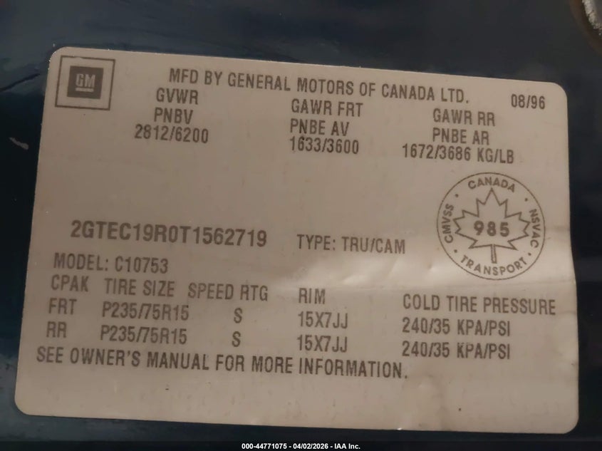 1996 GMC Sierra C1500 VIN: 2GTEC19R0T1562719 Lot: 44771075