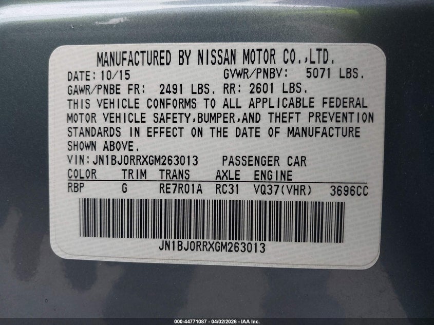 2016 Infiniti Qx50 VIN: JN1BJ0RRXGM263013 Lot: 44771087