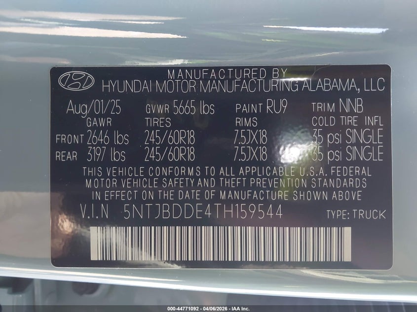 2026 Hyundai Santa Cruz Sel VIN: 5NTJBDDE4TH159544 Lot: 44771092
