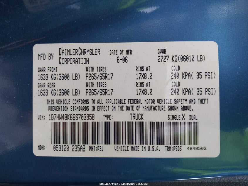 2006 Dodge Dakota Slt VIN: 1D7HW48K66S703958 Lot: 44771187