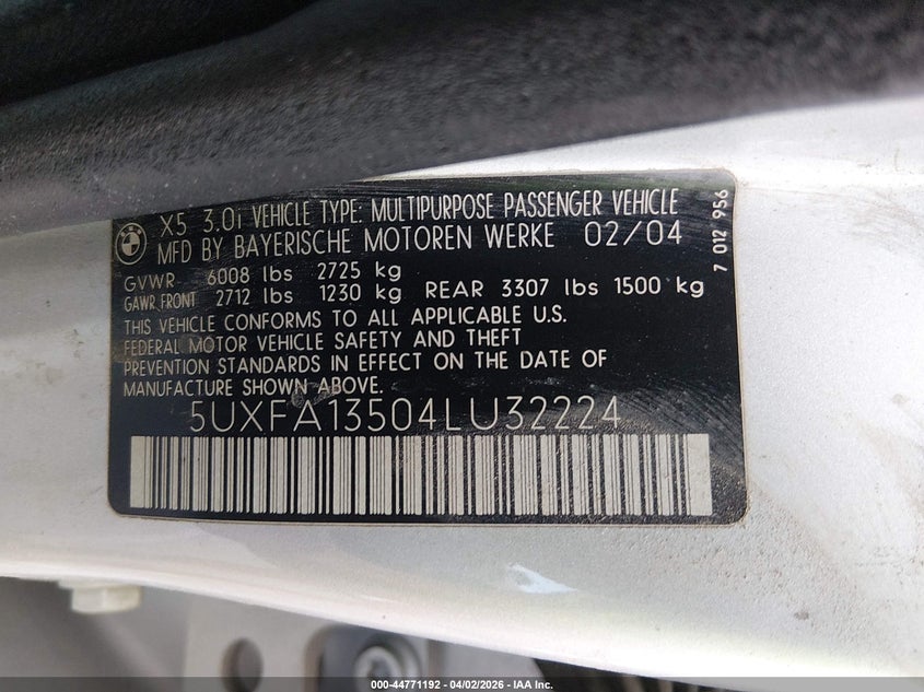 2004 BMW X5 3.0I VIN: 5UXFA13504LU32224 Lot: 44771192