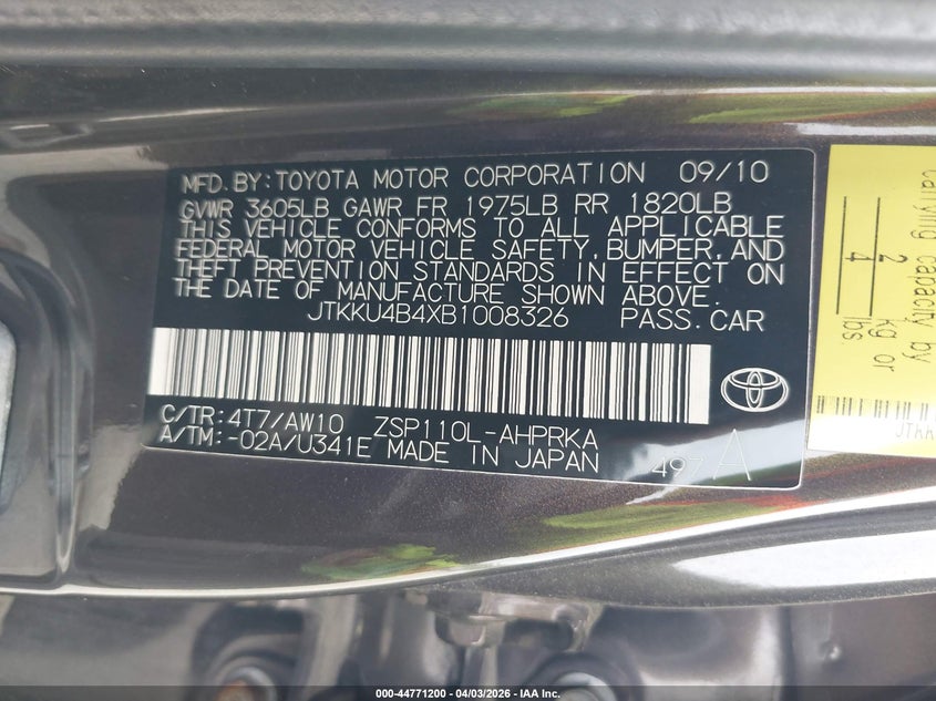 2011 Scion Xd Release Series 3.0 VIN: JTKKU4B4XB1008326 Lot: 44771200