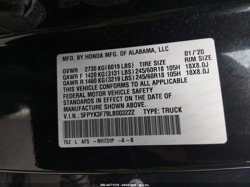2020 Honda Ridgeline Rtl-E VIN: 5FPYK3F79LB003222 Lot: 44771376