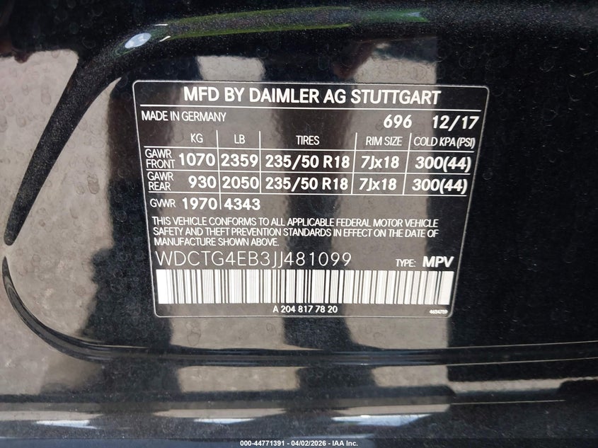 2018 Mercedes-Benz Gla 250 VIN: WDCTG4EB3JJ481099 Lot: 44771391