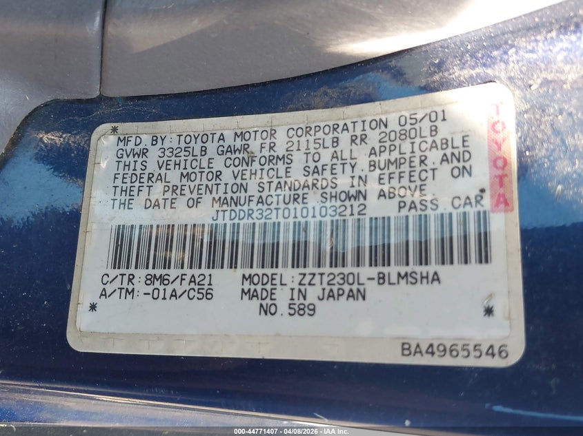 2001 Toyota Celica Gt VIN: JTDDR32T010103212 Lot: 44771407