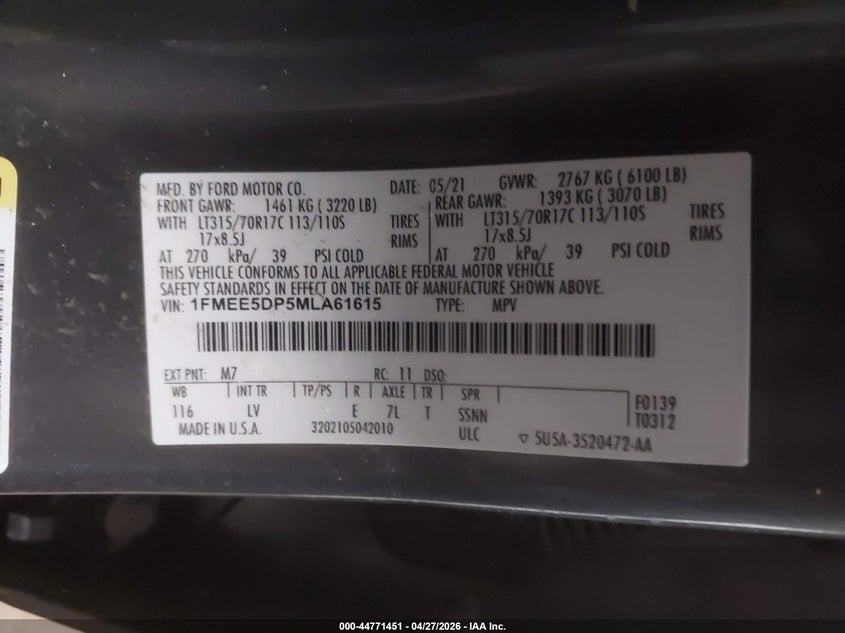 VIN 1FMEE5DP5MLA61615 2021 FORD BRONCO BIG BEND