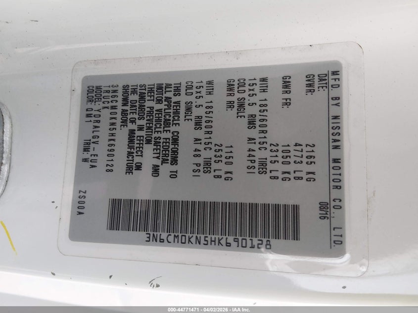 2017 Nissan Nv200 Sv VIN: 3N6CM0KN5HK690128 Lot: 44771471