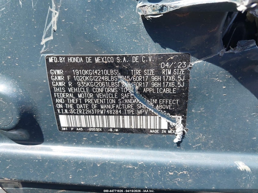2023 Honda Hr-V Awd Lx VIN: 3CZRZ2H37PM748284 Lot: 44771826
