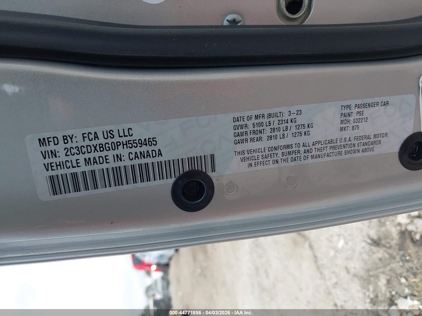 2023 DODGE CHARGER 3.6L V-6 DOHC, VVT, (VIN: 2C3CDXBG0PH559465