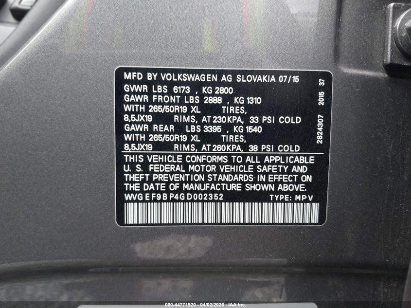 2016 Volkswagen Touareg Vr6 Lux VIN: WVGEF9BP4GD002352 Lot: 44771920