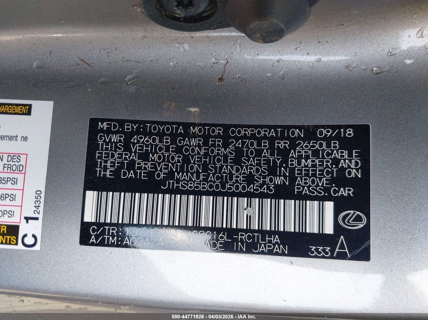 2018 Lexus Rc 300 VIN: JTHS85BC0J5004543 Lot: 44771926