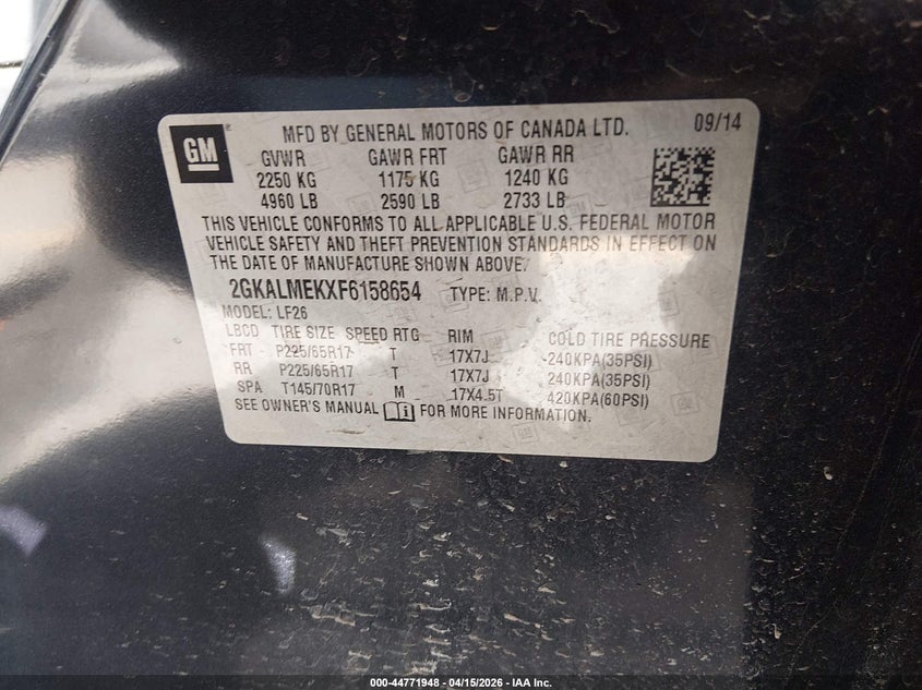 2015 GMC Terrain Sle-1 VIN: 2GKALMEKXF6158654 Lot: 44771948