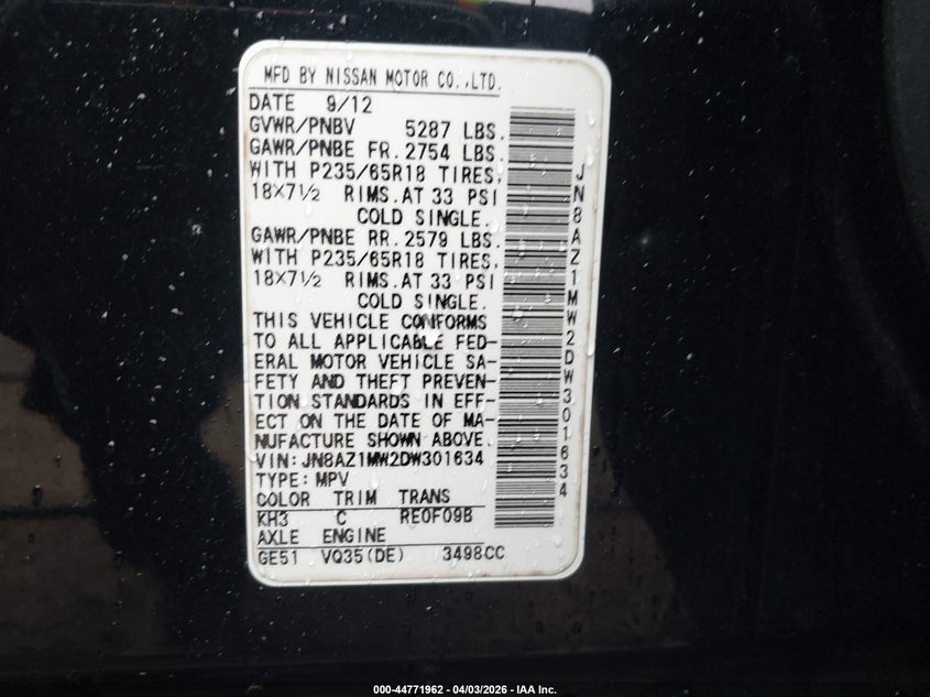 2013 Nissan Murano Sl VIN: JN8AZ1MW2DW301634 Lot: 44771962