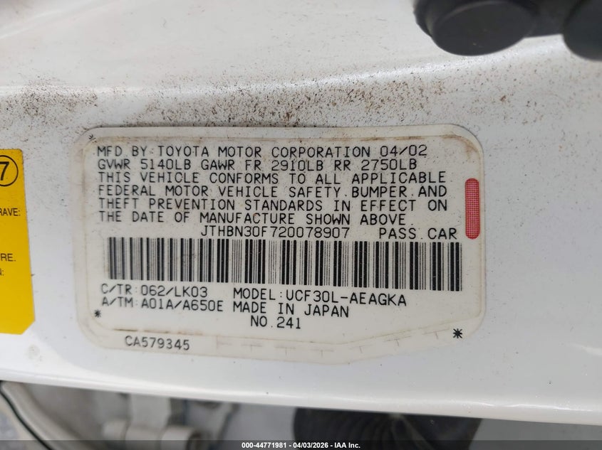 2002 Lexus Ls 430 VIN: JTHBN30F720078907 Lot: 44771981