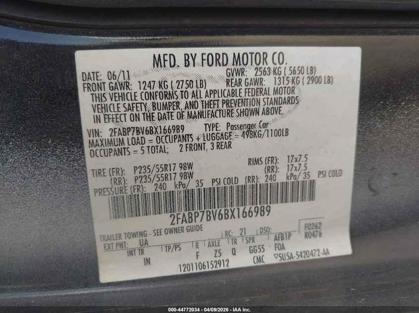 2011 Ford Crown Victoria Police Interceptor VIN: 2FABP7BV6BX166989 Lot: 44772034